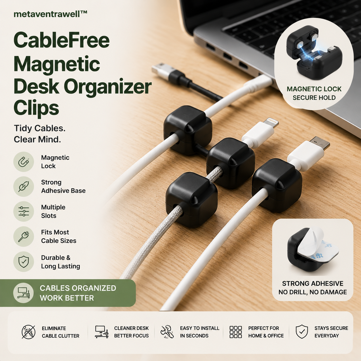 metaventrawell™ CableFree Magnetic Desk Organizer Clips